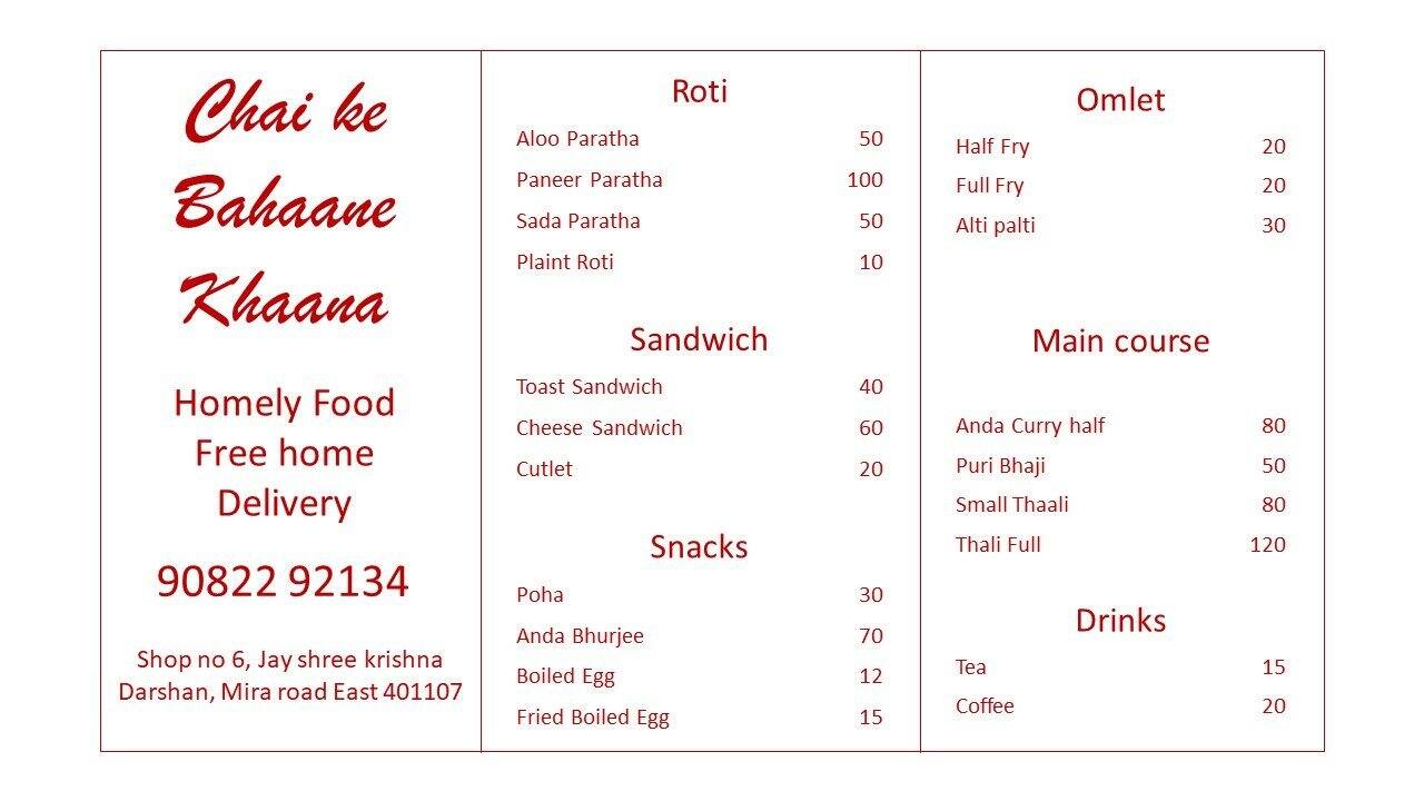 Menu of Chai Ke Bahaane Khaana, Mira Road, Mumbai