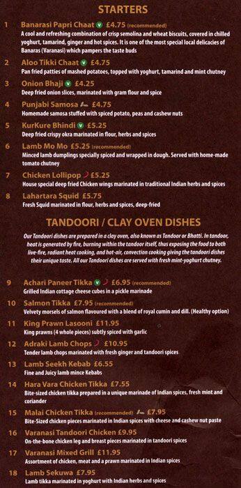 Menu at Varanasi Chefs restaurant, London