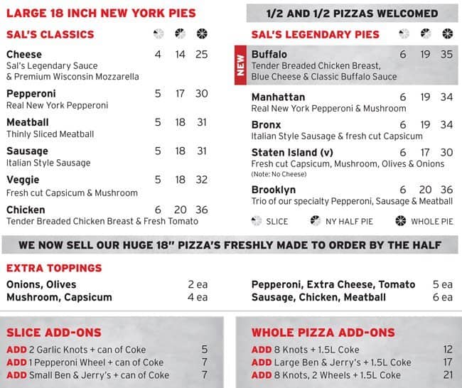 Sal's Menu, Menu for Sal's, Christchurch Central, Christchurch