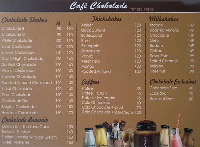 Cafe Chokolade menu