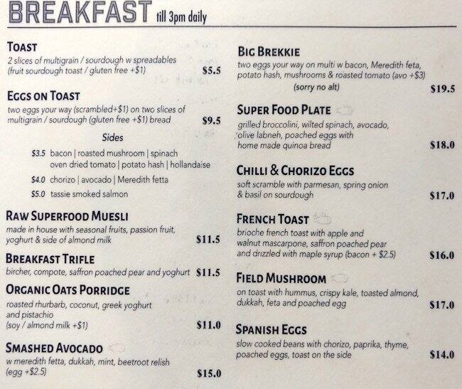 Cowderoy's Dairy menu, Menu restauracji Cowderoy's Dairy, St Kilda