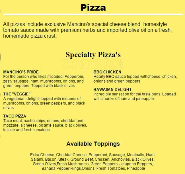Mancino's Pizza & Grinders Menu Urbanspoon/Zomato