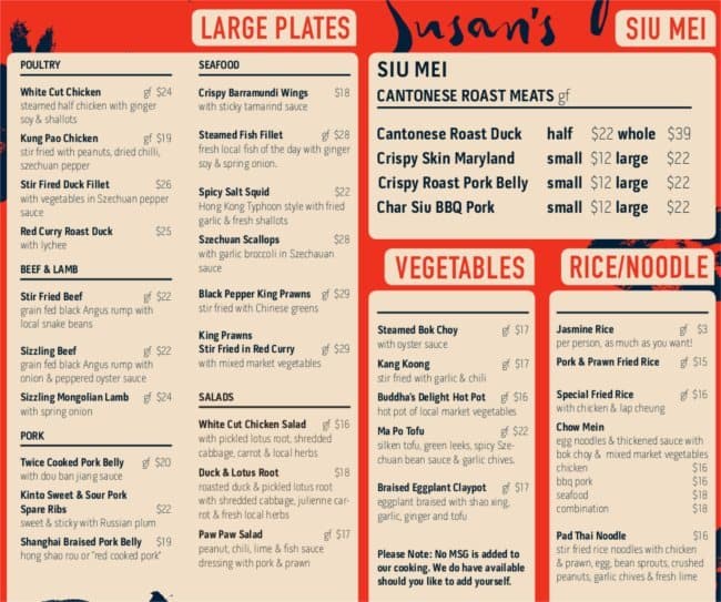 Menu at Lazy Susan's restaurant, Darwin City