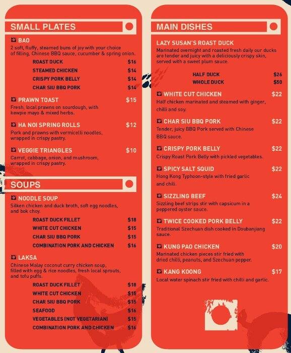 Menu at Lazy Susan's restaurant, Darwin City