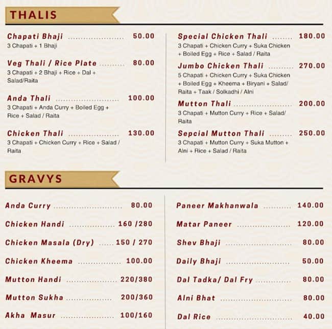 Menu of Aapli Khanawal, Budhwar Peth, Pune