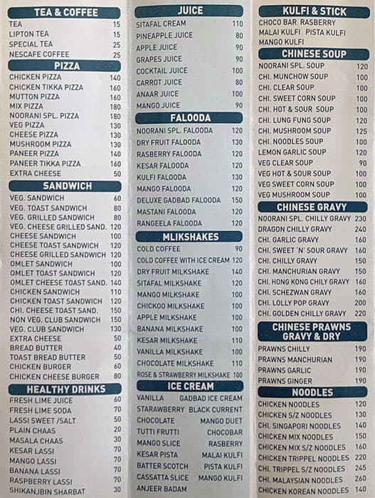 Menu of Noorani Restaurant, Mumbra, Thane