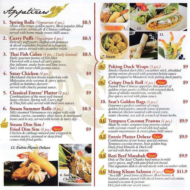 The Seat Menu, Menu untuk The Seat, Pennant Hills, Sydney Urbanspoon