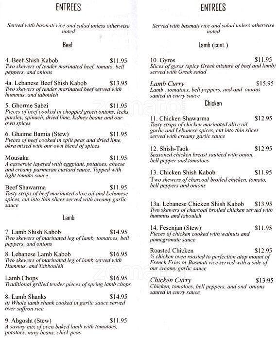 Menu at House of Kabob restaurant, Denver