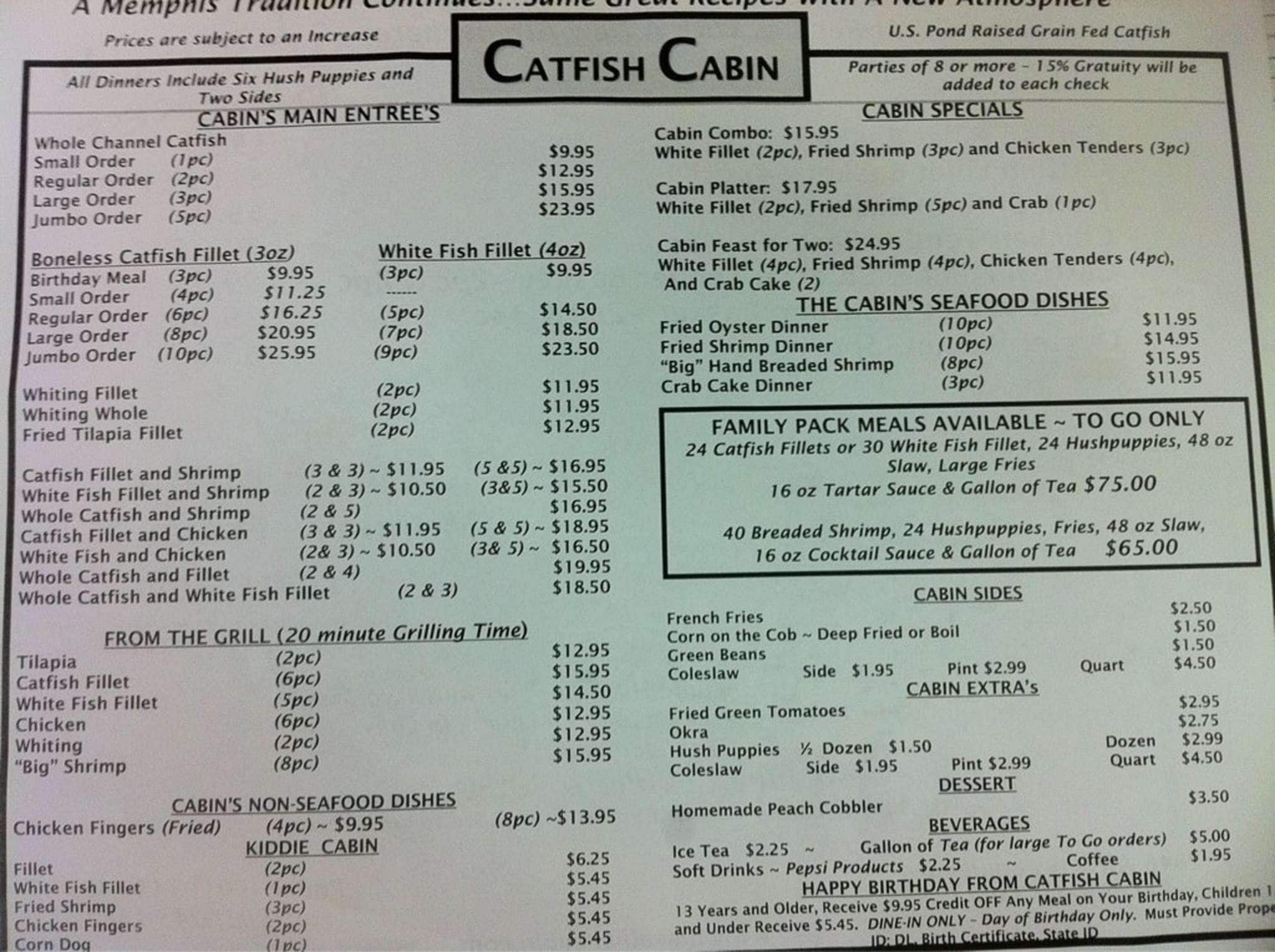 Menu at Catfish Cabin restaurant, Memphis