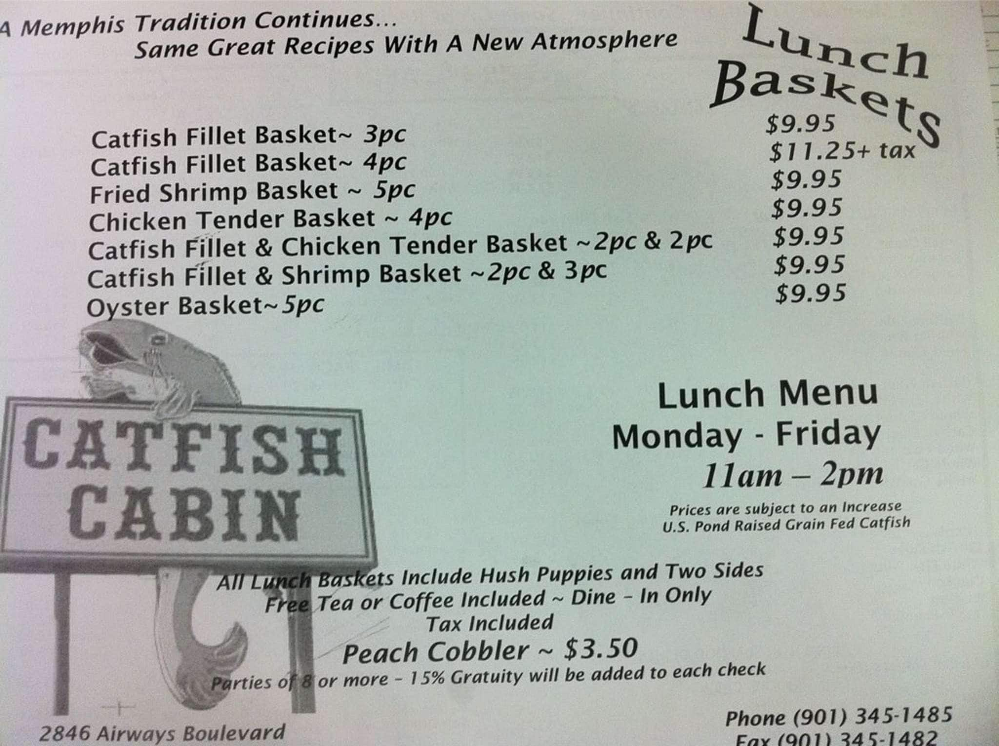 Menu at Catfish Cabin restaurant, Memphis