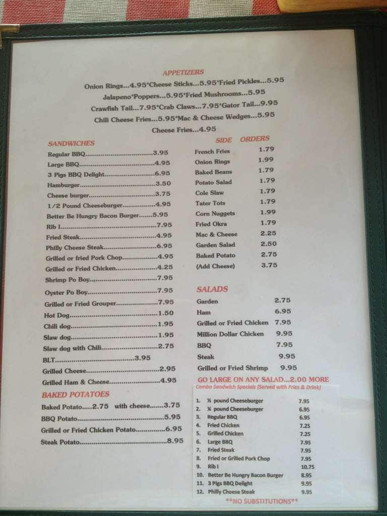 Three Pigs BBQ Menu, Menu for Three Pigs BBQ, Headland, Dothan ...