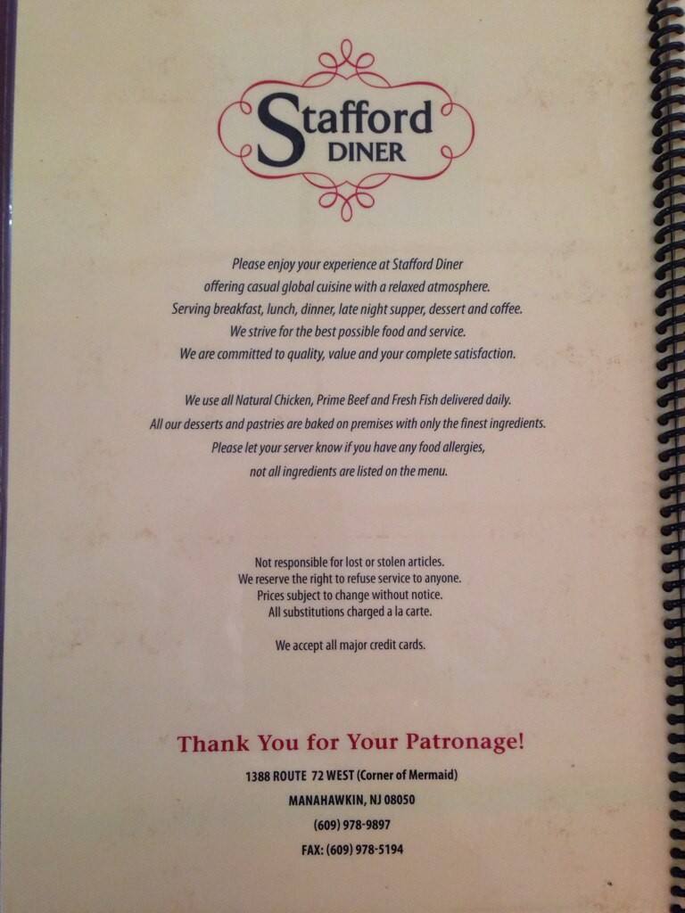 Stafford Diner Menu, Menu for Stafford Diner, Manahawkin, Manahawkin