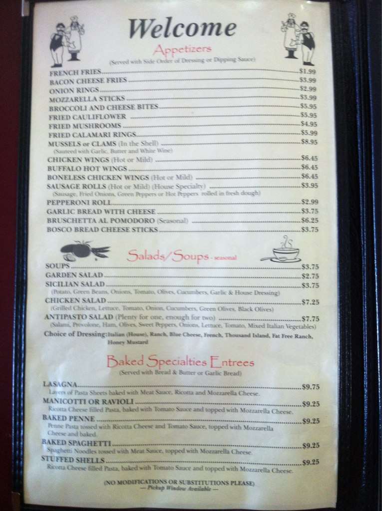 Menu at Padrinos restaurant, Beckley