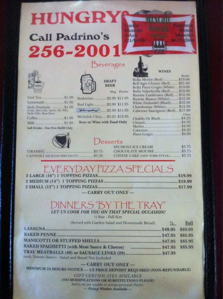 Menu at Padrinos restaurant, Beckley