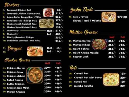 Menu Of Jashn E Food, Peer Gate Area, Bhopal