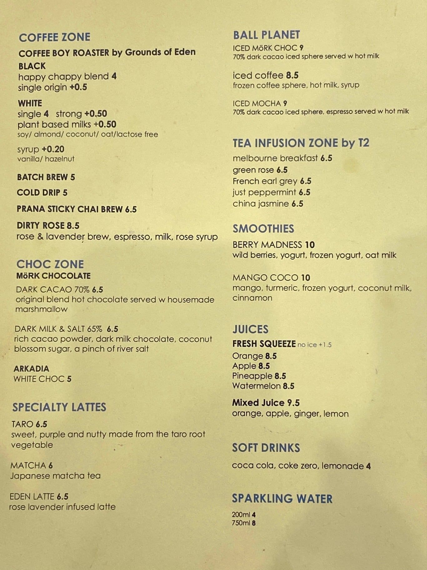 Menu at Grounds of Eden cafe, Coburg