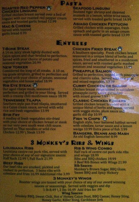 The Three Monkeys Pub menu