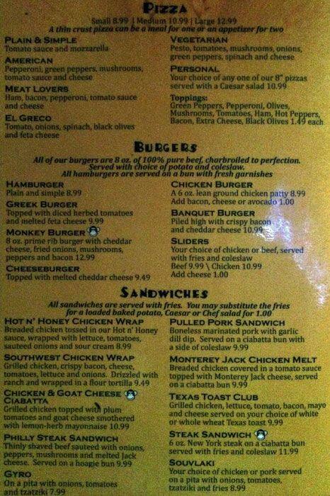 The Three Monkeys Pub menu