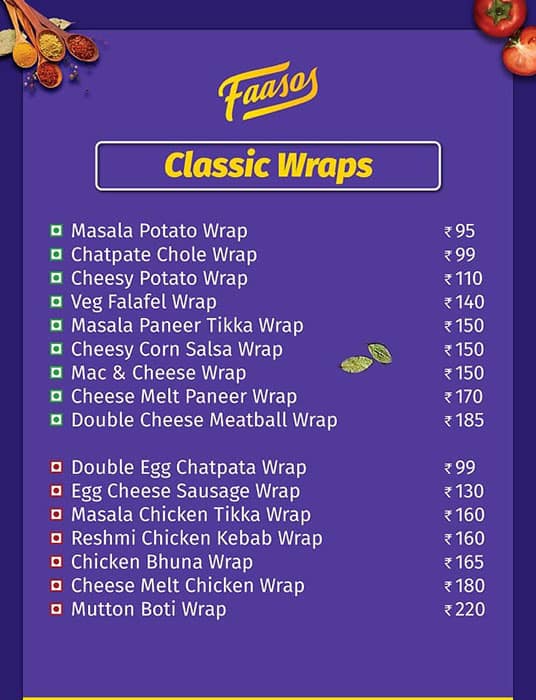 Menu of Faasos Wraps, Rolls & Shawarma, Vejalpur, Ahmedabad
