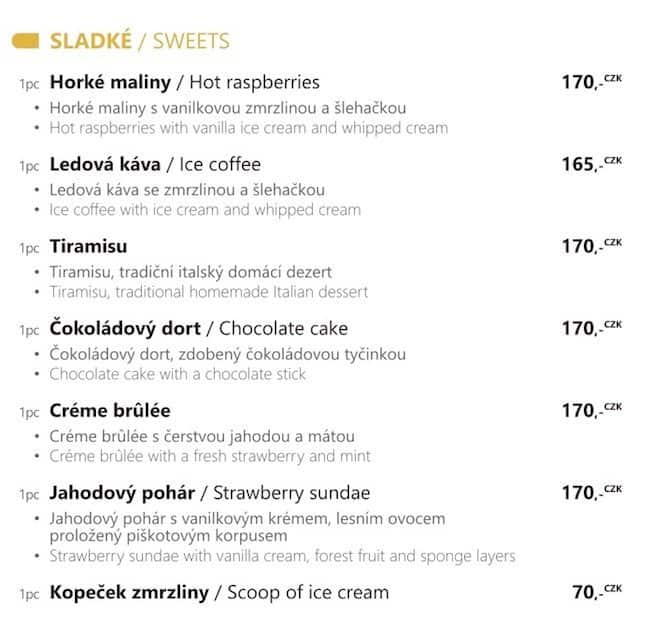Menu at Kavárna U Zvonu cafe, Prague, Staroměstské nám. 605/13