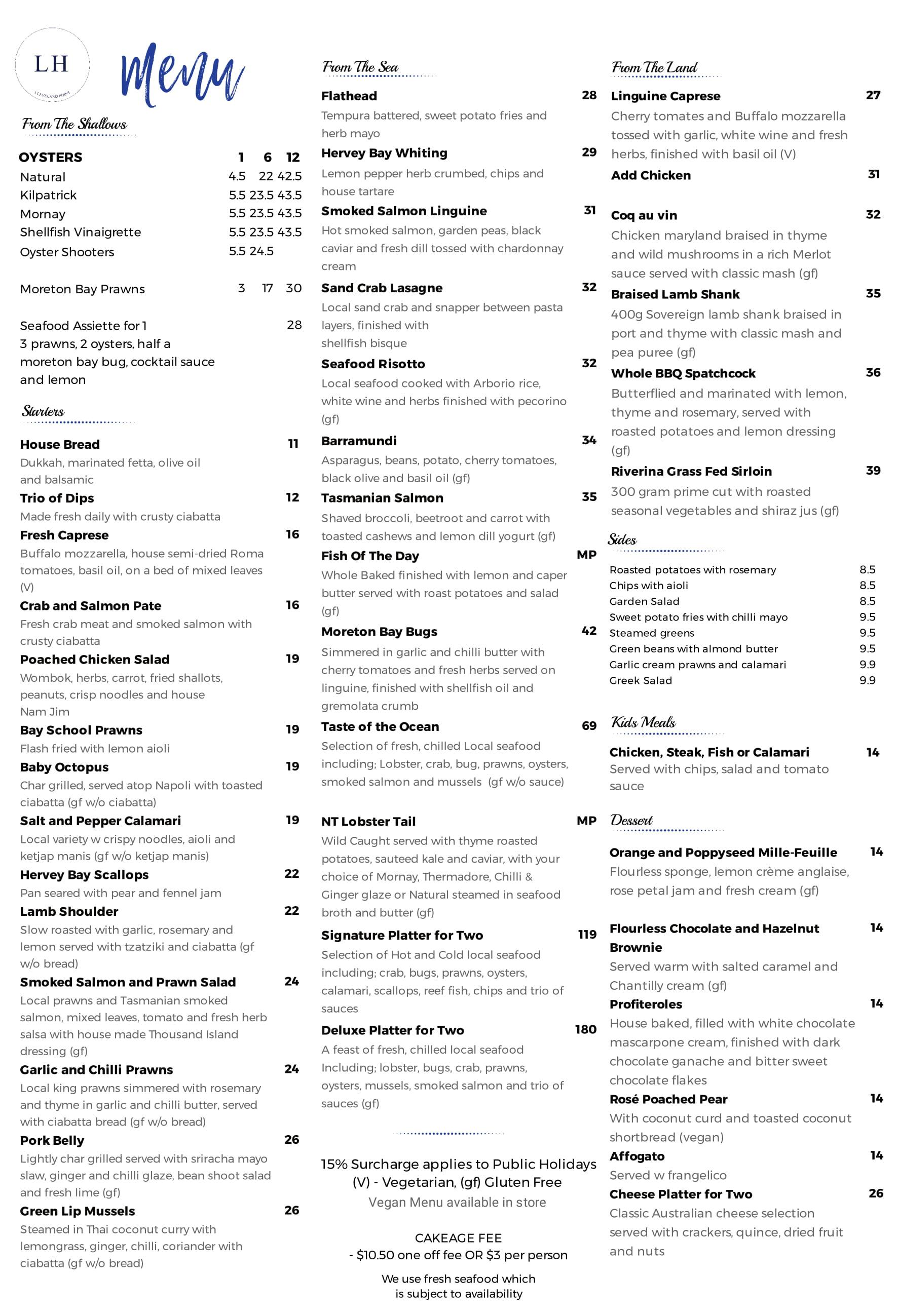 Menu at The Lighthouse restaurant, Cleveland Menu at The Lighthouse restaurant, Cleveland