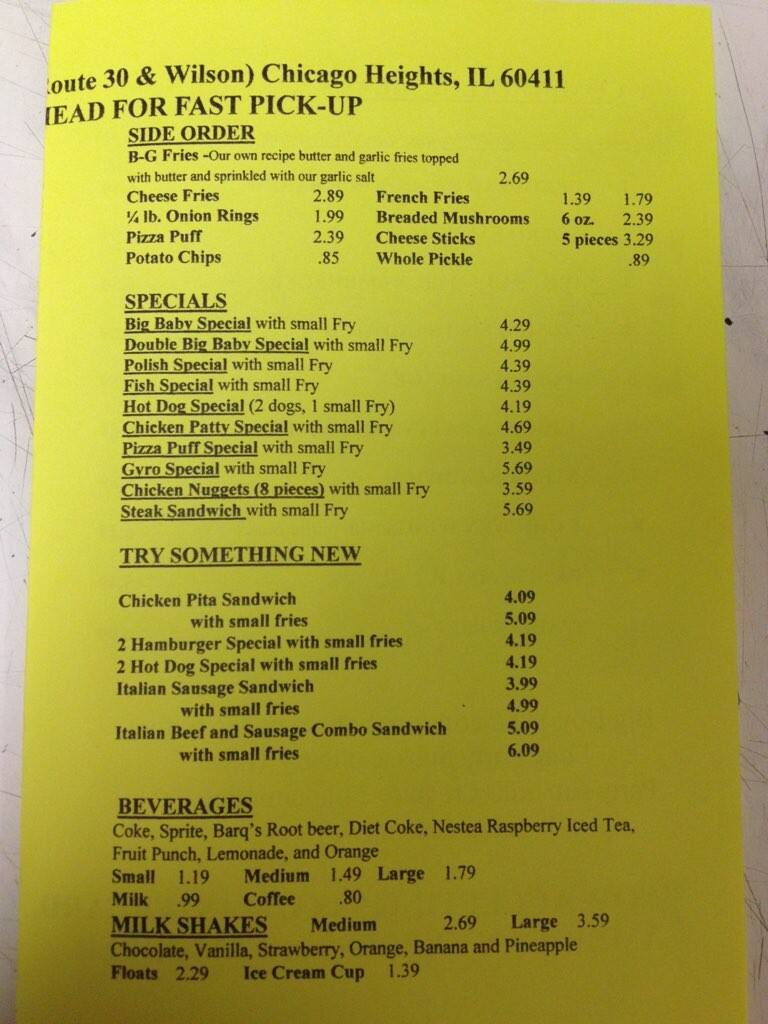 Menu at Big Boy Submarine restaurant, Chicago Heights