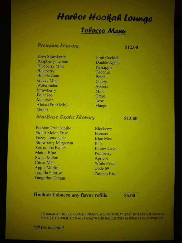 Menu at Harbor Hookah Lounge pub & bar, Costa Mesa