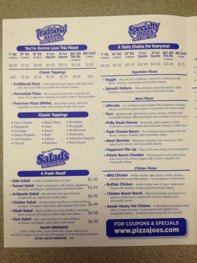 Pizza Joe S Menu Menu For Pizza Joe S Beaver Pittsburgh