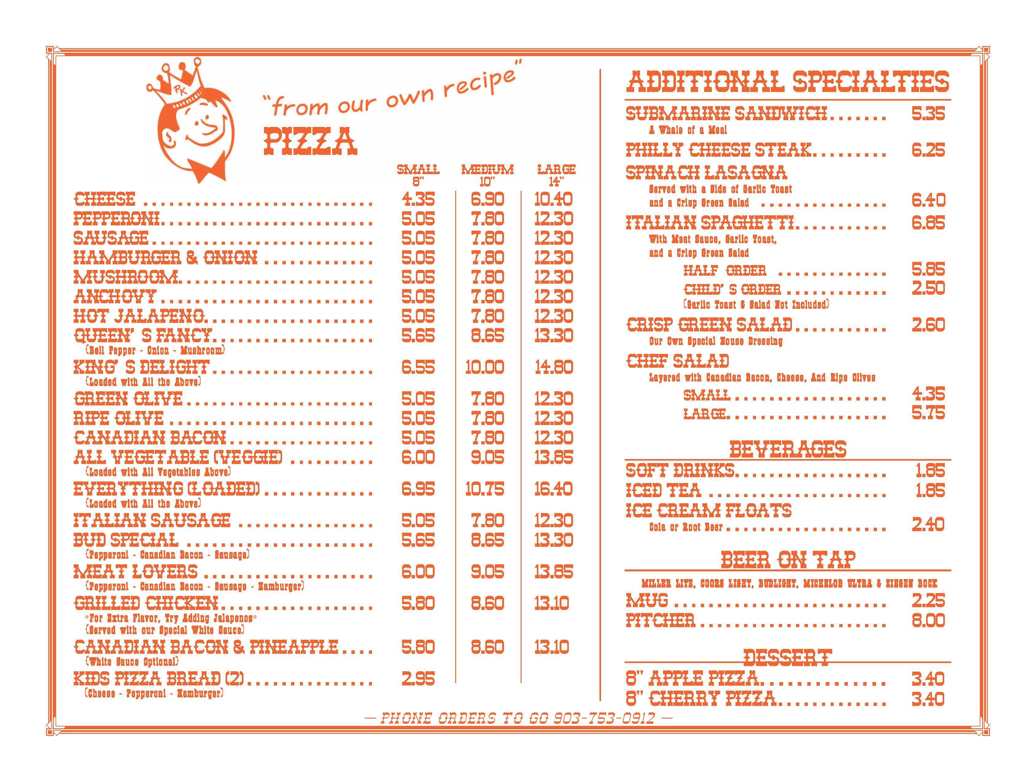 Menu at Pizza King pizzeria, Longview, E Marshall Ave