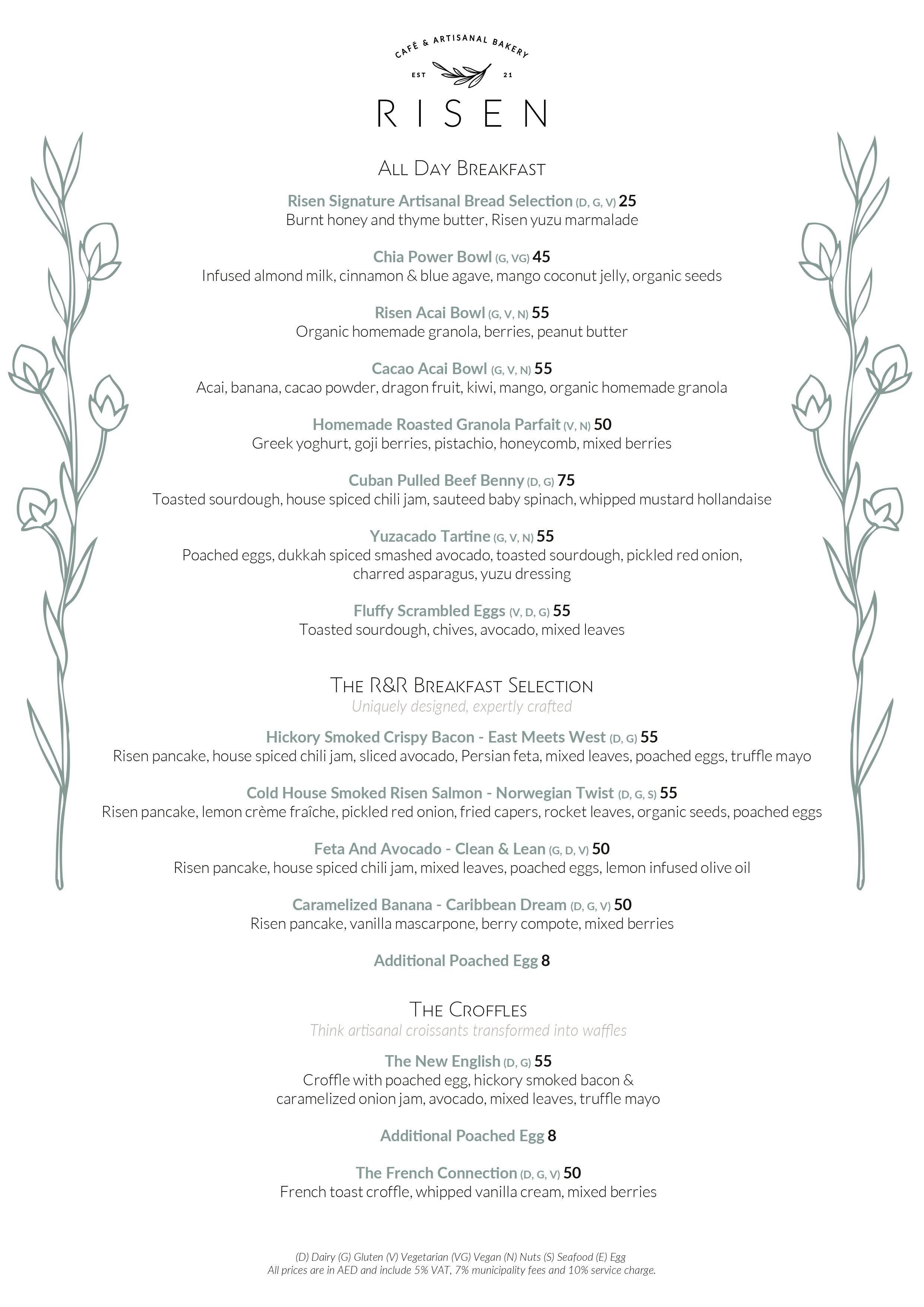 Menu of Risen Cafe And Artisanal Bakery, Dubai Marina, Dubai