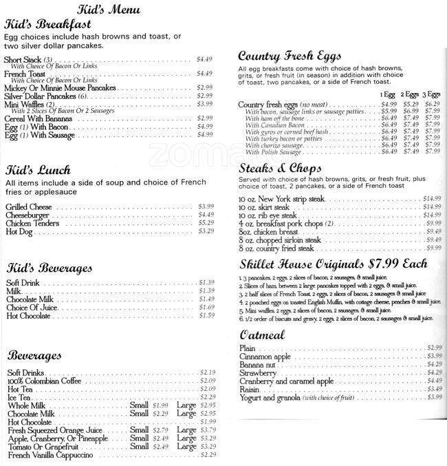 Menu at Skillet House restaurant, Oak Lawn, S Cicero Ave