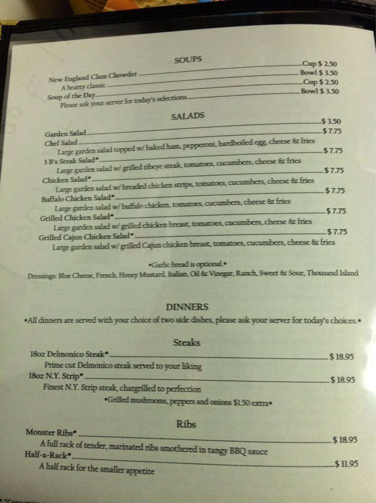 Menu at Three B's pub & bar, Zelienople