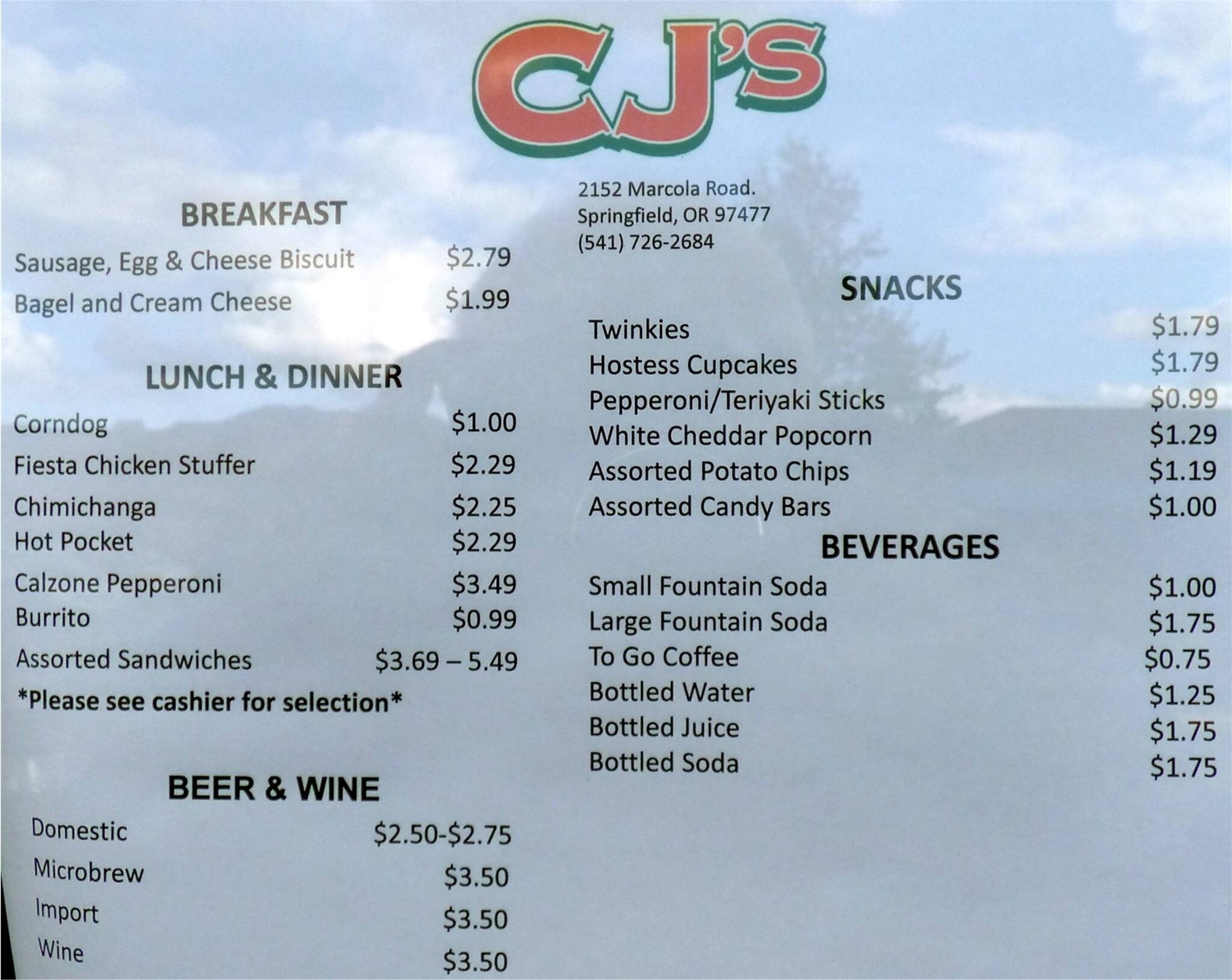 C J's Eatery Menu, Menu for C J's Eatery, Springfield, Eugene