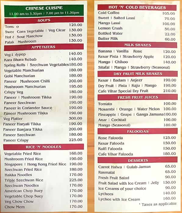 Menu of Cafe Vihar - Regenza By Tunga, Vashi, Navi Mumbai