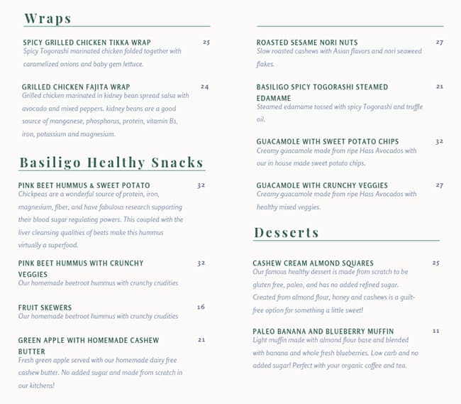 Menu at Basiligo restaurant, Abu Dhabi, M37