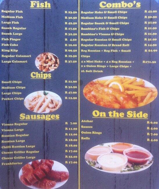Fish and Chips Menu, Menu for Fish and Chips, Edenvale, East Rand
