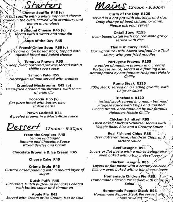 Colonial Restaurant Menu, Menu for Colonial Restaurant, Magaliesburg