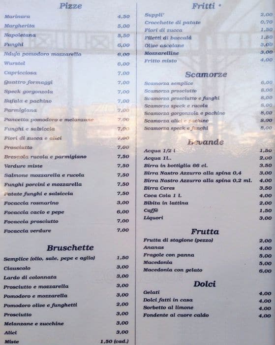 Menu di Pizzeria Nuova Roma Luciano Placidi 