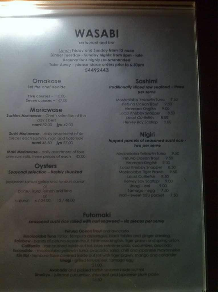 Menu at Wasabi Restaurant & Bar, Noosa Heads