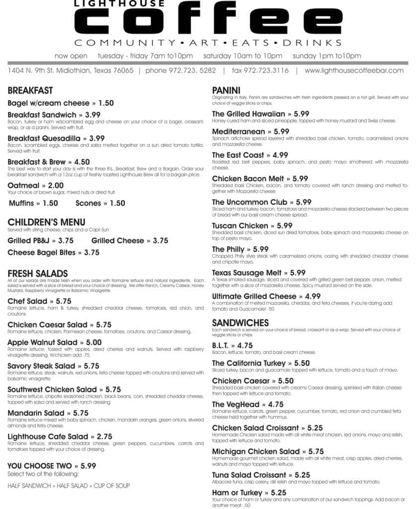 Lighthouse Coffee Bar Menu, Menu for Lighthouse Coffee Bar, Midlothian
