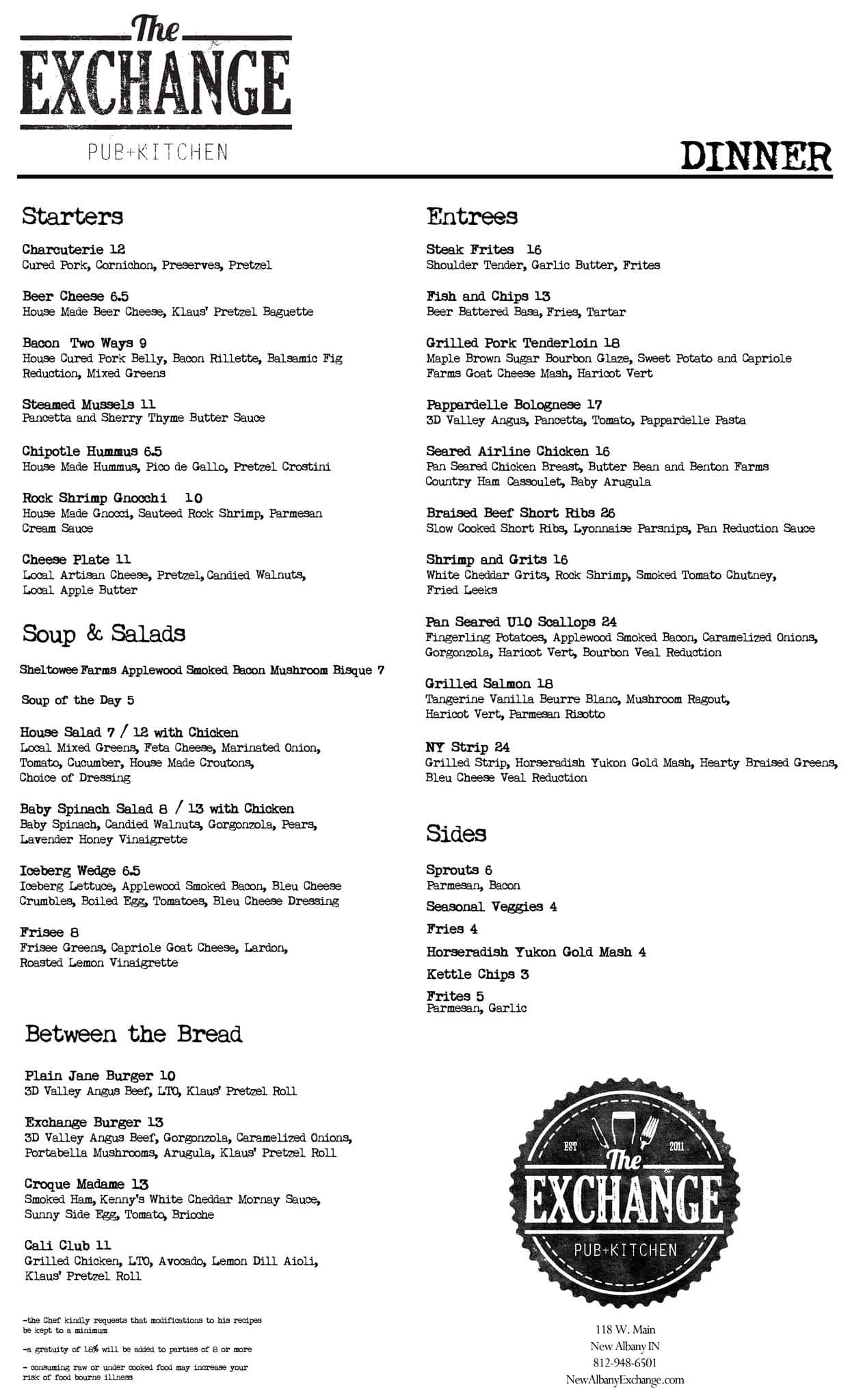 Menu at The Exchange Pub + Kitchen, New Albany