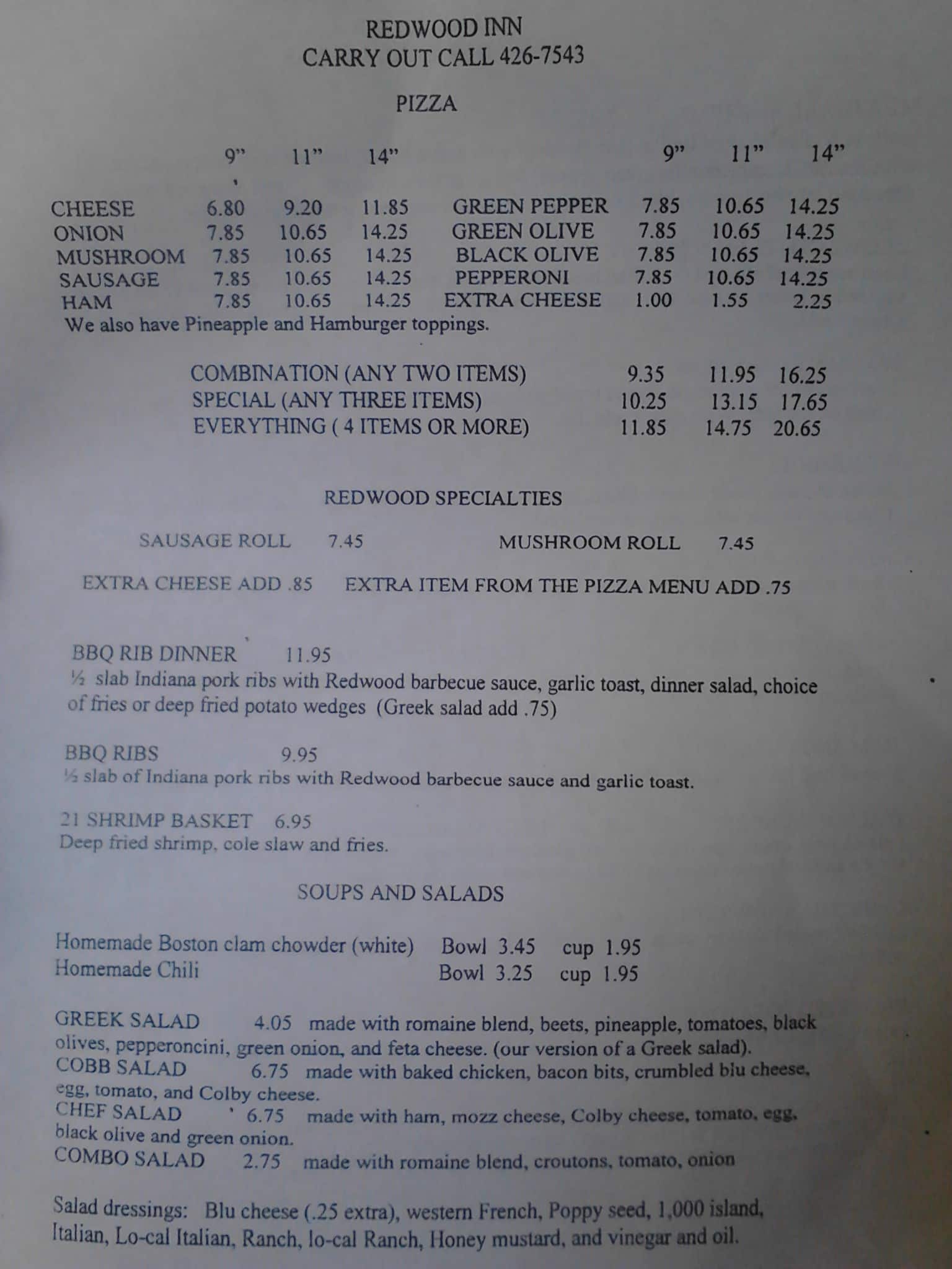 Menu at Redwood Inn pizzeria, Fort Wayne