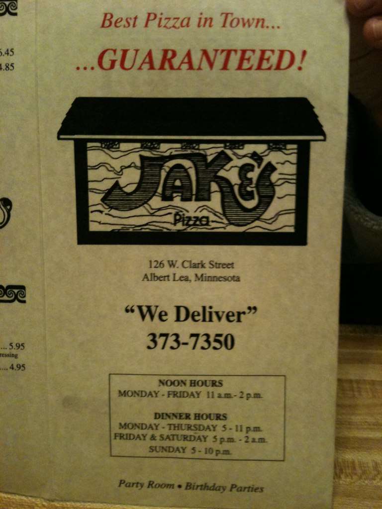 Jakes Pizza Menu,Menú para Jakes Pizza, Albert Lea, Albert Lea