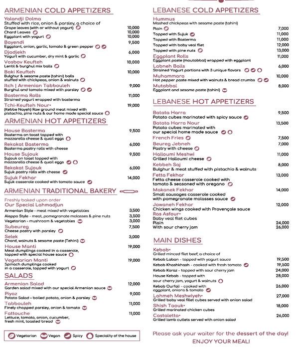 Nour Fine Armenian Cuisine Menu Zomato Lebanon