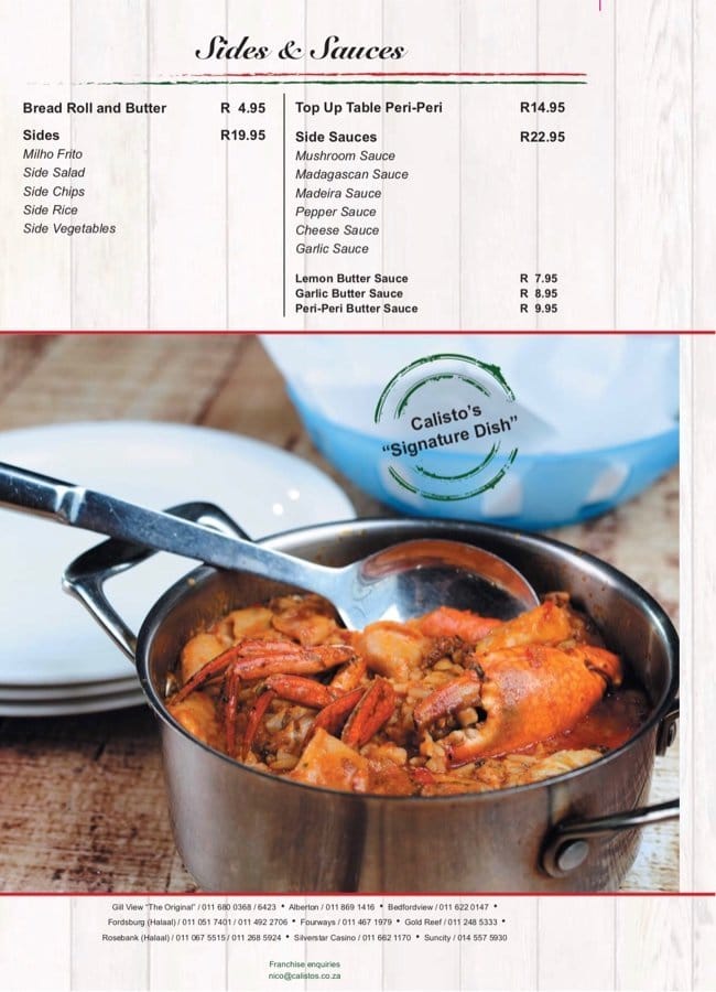 Menu at Calisto's Portuguese Restaurant Fordsburg, Johannesburg