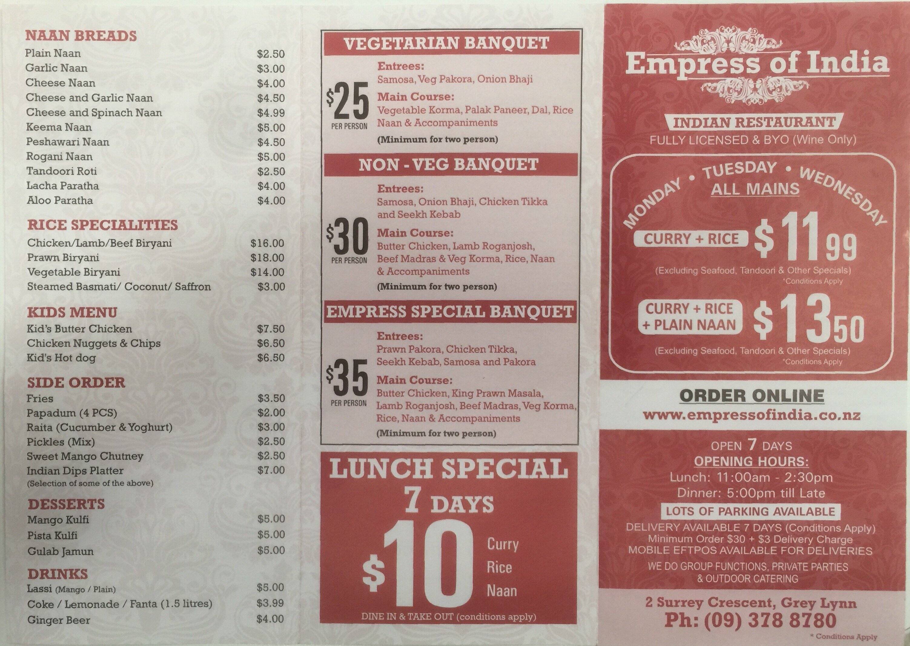 Empress Of India menu, Menu restauracji Empress Of India, Grey Lynn