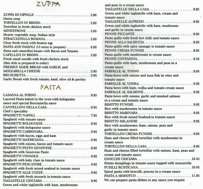 Menu at La Rusticana restaurant, Edinburgh, 90 Hanover St