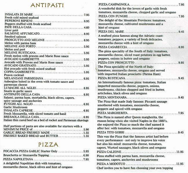 Menu at La Rusticana restaurant, Edinburgh, 90 Hanover St