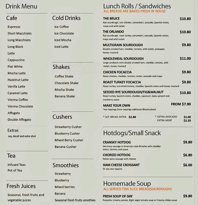 Bread Garden Menu, Menu for Bread Garden, Glynde, Adelaide Urbanspoon