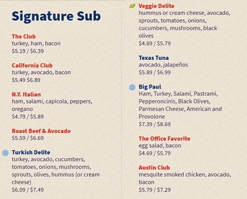 Thundercloud Subs Menu, Menu for Thundercloud Subs, Manchaca ...
